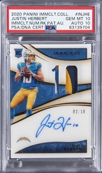 2020 Panini Immaculate Collection "Immaculate Number Rookie Patch Autographs" #INJHE Justin Herbert Signed Patch Rookie Card (#02/10) - PSA GEM MT 10, PSA/DNA 10